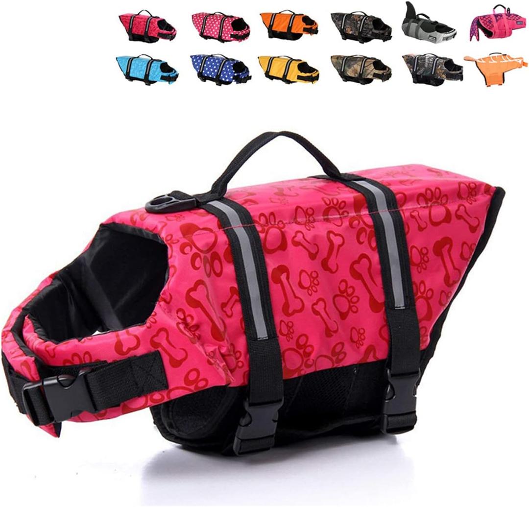 HAOCOO Dog Life Jacket Vest Saver Safety Swimsuit Preserver with Reflective Stripes/Adjustable Belt Dogs?Pink Bone,M