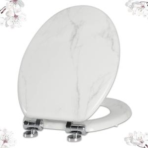 Angel Shield Marble Toilet Seat Durable Molded Wood with Quiet Close,Easy CleanQuick-Release Hinges (Elongated,White Marble)
