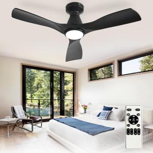 Depuley 42-Inch Ceiling Fans with Lights: Black 3 Blade Flush Mount Low Profile Ceiling Fan for Bedroom - Dimmable Indoor Outdoor Fan with Remote APP Control Ultra Quiet DC Motor Timer