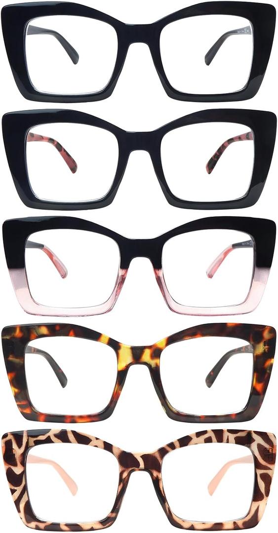 VIGOALOR Reading Glasses for Women 5 Pack Blue Light Blocking Oversized Square Computer Spring Hinge Readers (5 Mix, 3.5)