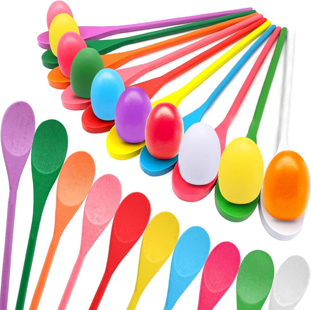 TOPLEE 20 Pcs Easter Egg and Spoon Race Game Set, 10 Players Balance Relay Easter Games Include 10 Eggs and Wooden Spoons for Kids Family Carnival Sports Outdoor Games Holiday Birthday Party Supplies