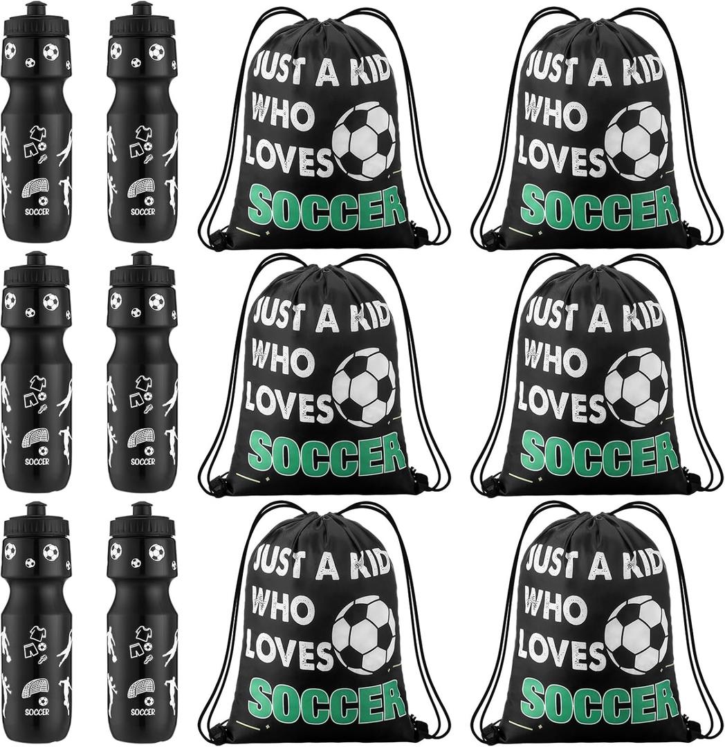12 Pcs Soccer Party Favors 24 oz Soccer Gift Water Bottle with Drawstring Bag Set Goodie Bags for Sports Team Gifts Birthday Decoration