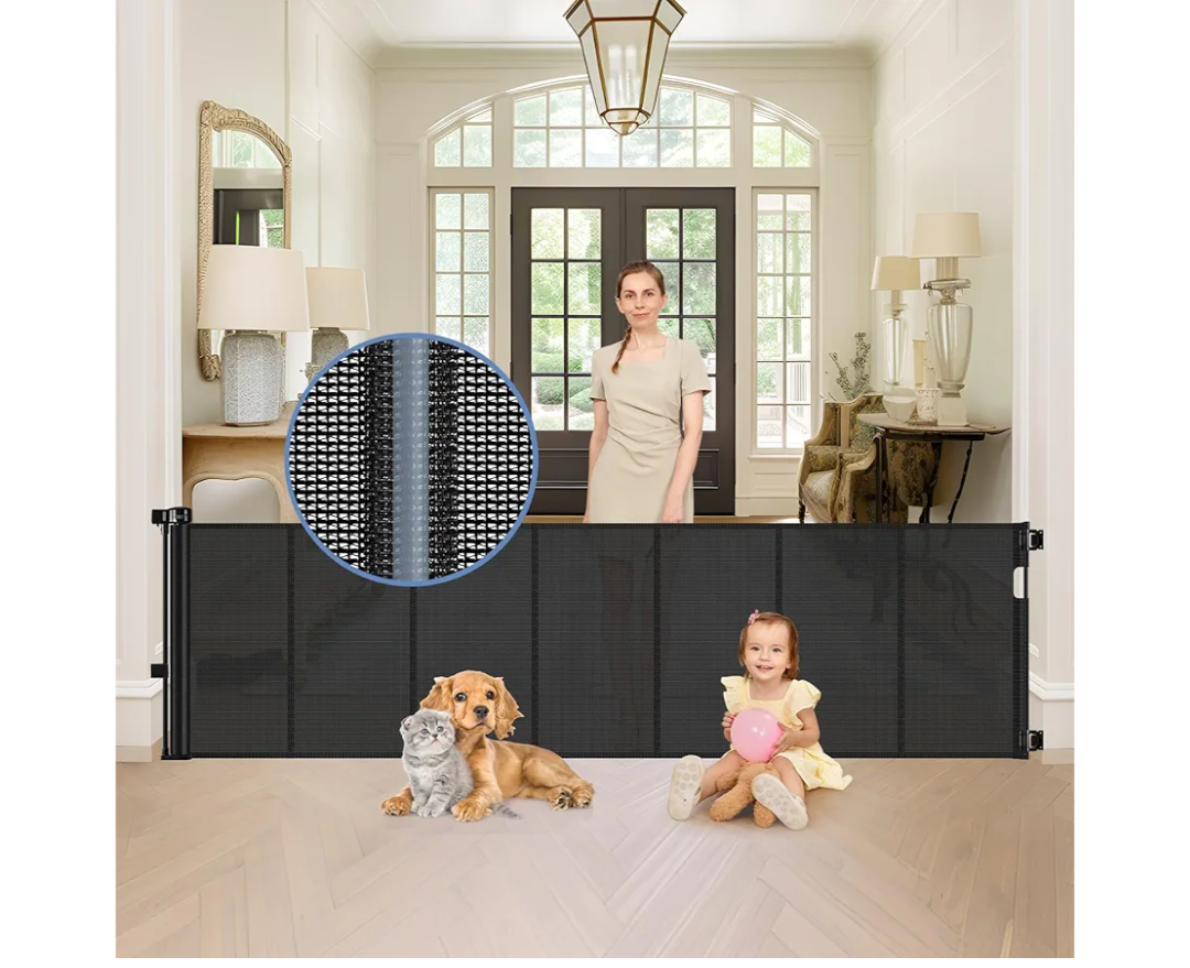 Reinforced 90 Inch Retractable Baby Gates Extra Wide Baby Gate with Reinforced Strips, 7.5ft Long Retractable Dog Gate for The House 33 Inch Tall Extra Long Pet Gates for Wide Openings, Black