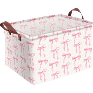 Pink Bow Storage Basket Waterproof Canvas Toy Storage Bin Coquette Room Decor Collapsible Outdoor Basket with Leather Handles Pink Bow Room Decor Blanket Baskets For Closets,Bedrooms,Gifts Baskets