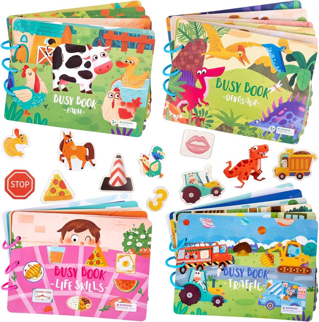 4 Pack DIY Montessori Busy Book for Toddlers, Montessori Quiet Book for Kids, Vehicle Life Skill Farm Dinosaur Preschool Learning Activities Learning & Education Toys