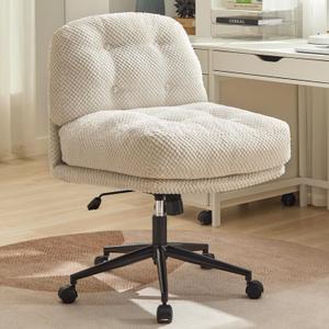 Criss Cross Chair with Wheels Comfortable, Cross Legged Office Chair Wider & Thickened Seat, Armless Ergonomic Desk Chair Vanity Accent Chair Comfy Chairs for Home Office, White