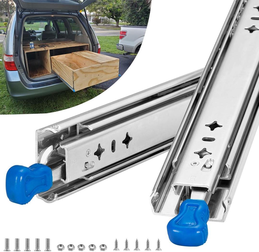 Heavy Duty Drawer Slides with Lock, 32 Inch, 150 lb Load Capacity, Side Mount, Full Extension, Ball Bearing, Cabinet Locking Rail, Tool Box Runner, 1 Pair