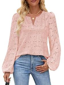 MEROKEETY Women's Eyelet Long Sleeve Tops Dressy Casual V Neck Shirts Fall Trendy Crochet Lace Blouse, Pink, S