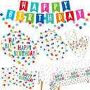 Happy Birthday Decorations: Happy Birthday Party Supplies Set with Birthday Dots Design- Includes Disposable Paper Birthday Plates and Napkins, Cups, Tablecloth, and Banner for decorations, Serves 25.
