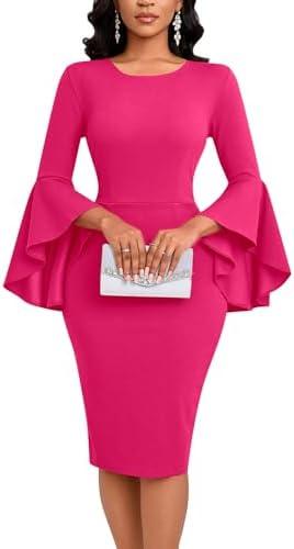 Church Dress for Women Elegant Vintage Ruffle Sleeve Business Work Cocktail Party Bodycon Midi Pencil Dresses Size 2XL