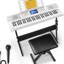 Donner 61 Key Keyboard Piano, Electric Piano Keyboard Kit with 249 Voices, 249 Rhythms - Includes Piano Stand, Stool, Microphone, Gift for Beginners, White (DEK-610S)