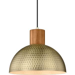 ELYONA Vintage Pendant Light Fixtures, 12” Brushed Brass Hammered Metal & Rubber Wood Industrial Dome Hanging Lamp, Antique Gold Kitchen Pendant Light for Island, Farmhouse, Sink, Dining Room, Hallway
