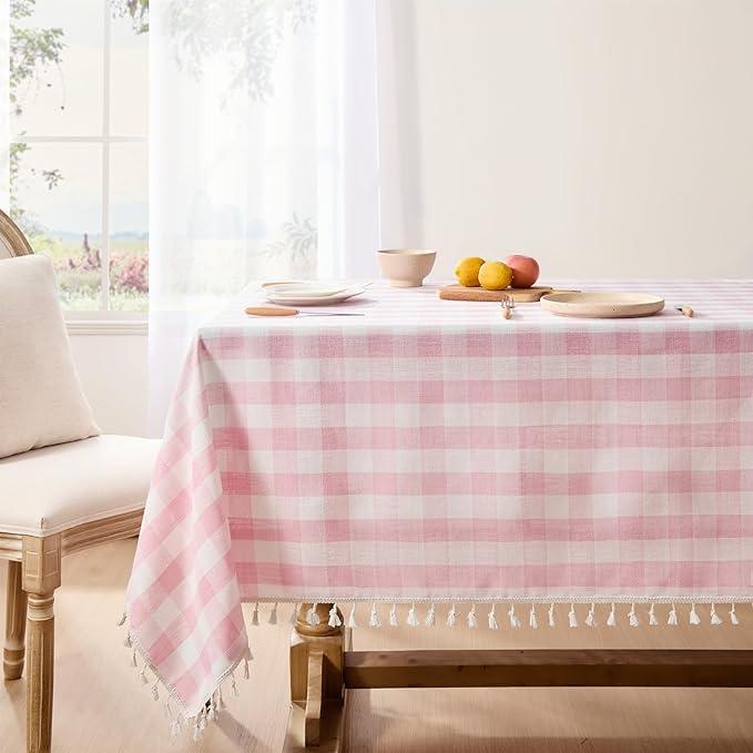 Softalker Pink Gingham Tablecloth Rectangle, Outdoor Linen Cotton Checkered Table Cloth with Tassel, Heavy Duty Wrinkle Free Buffalo Plaid Table Cover for Kitchen Dining Home Party  55 x 84 Inch