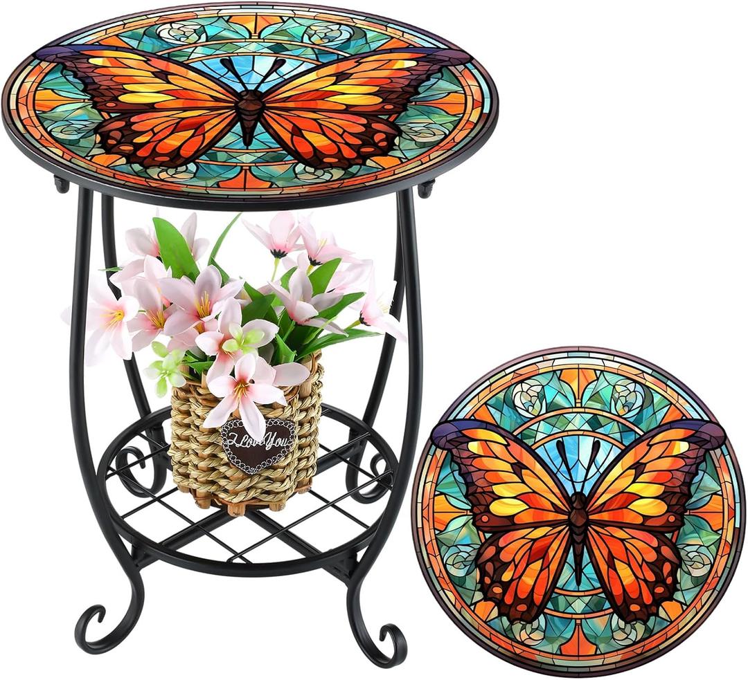 Outdoor Side Table Round Small Mosaic Patio Accent Indoor End Plant Metal Coffee Tea Table for Yard Porch Garden Patio Living Room, Bedroom(Butterfly B Style,14 Inch)
