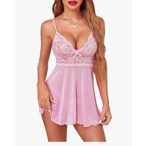 RSLOVE Women Lingerie Lace Babydoll Strap Chemise Halter Teddy V Neck Sleepwear, M