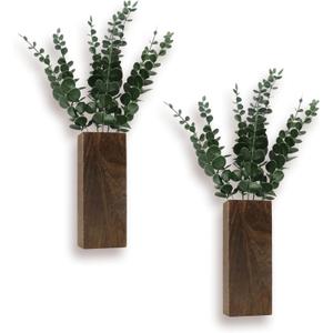 2 Pack Wood Wall Planter, Wooden Indoor Hanging Planters with Artificial Eucalyptus, Wall Plant Vase for Dried Flower, Modern Farmhouse Greenery Wall Decor for Living Room, Bedroom (Brown)