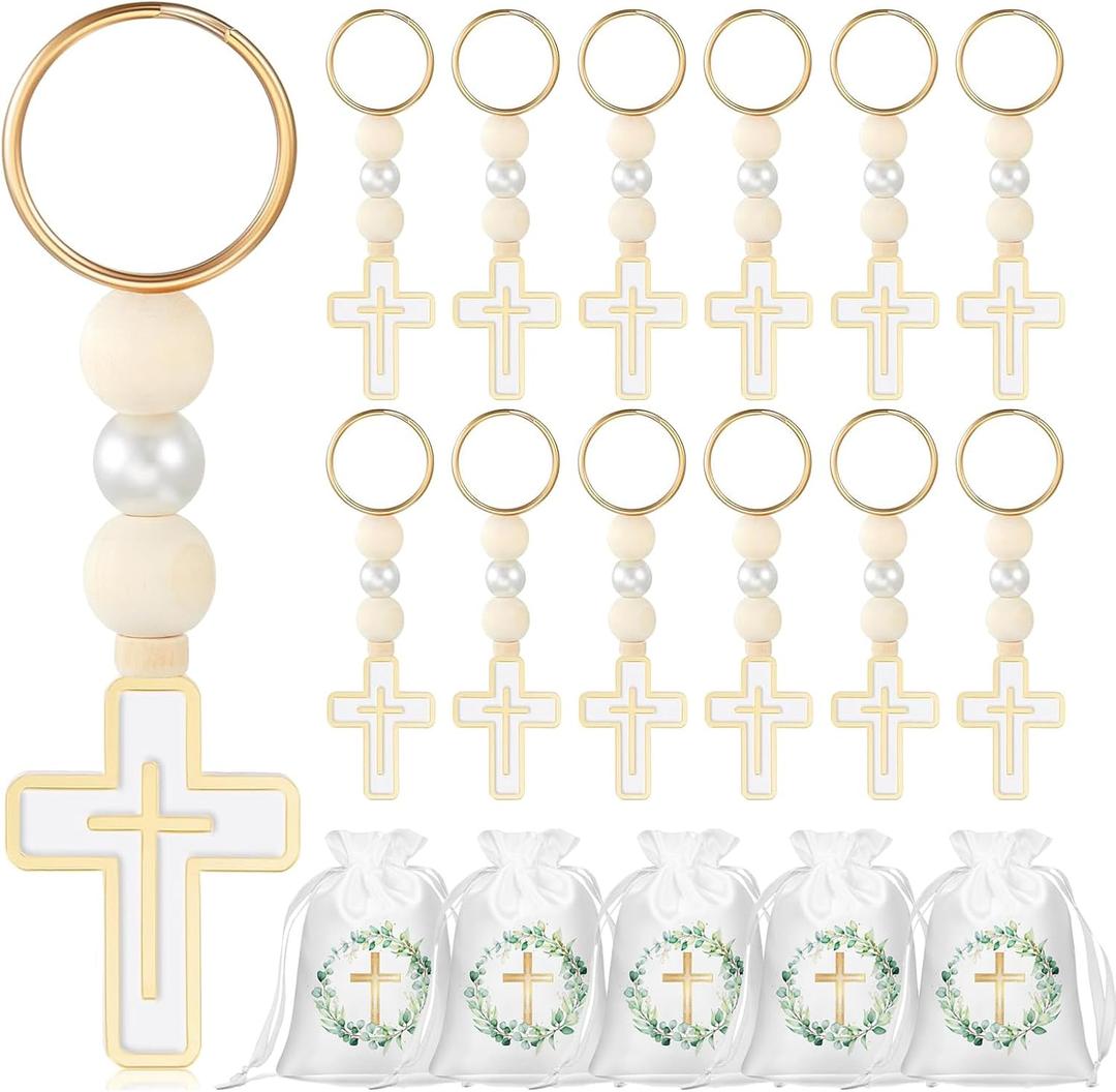 24 Sets First Communion Favors, Rosary Keychain with Cross and White Satin Gift Candy Bag, Baptism Party Favors Gifts for Guests, Christening Souvenirs