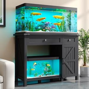 kepptory 40 Gallon Fish Tank Stand with Power Outlets, Farmhouse Decorative Aquarium Stand Furniture with Adjustable Shelves and Storage Drawer, 30-40 Gallon Reptile Turtle Tank Stand(Black, 30-40GL)
