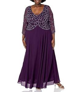 J Kara Women's Plus Size 3/ 4 Sleeve Geo Beaded Gown, Plum/ Mercury/ Silver, 20W