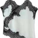 Women Y2k Satin Lace Trim Sleeveless Spaghetti Strap Cami Tops Silk V Neck Backless Asymmetrical Hem Tank Top, M