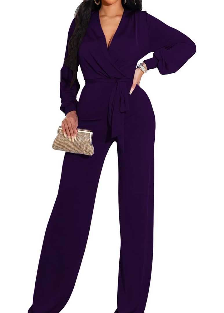 shengfan Formal Jumpsuits for Women Dressy Evening Sexy Deep V Neck Plus Size Long Wide Leg Pants Rompers Clubwear, S