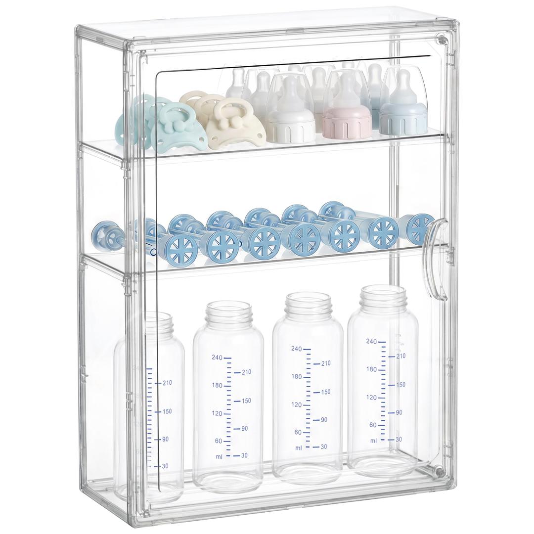 HBlife Baby Bottle Storage Organizer for Countertop Cabinet, 3 Tiers Adjustable Clear Acrylic Bottles Storage Station Case Box Container with 2 Removable Dividers and Magnetic Door, XXL 45x33x33cm