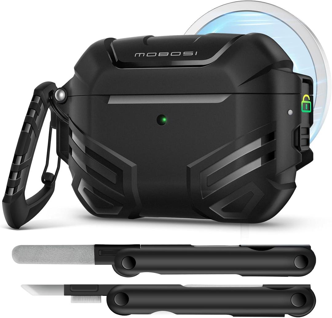 MOBOSI for AirPods Pro 3 Case with Lock, Compatible with AirPod 3rd Gen Cover [Fit for MagSafe], Military Grade Hard Shell for iPods Pro3 with Cleaner Kit & Keychain for Men(2025), Black
