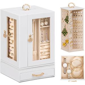 Enthralite Jewelry Box Large for Dresser: Women Necklace Ring Storage Organizer with Compartments - Elegant Earring Holder Display - 360 Rotating Jewelry Organizer with Glass Door
