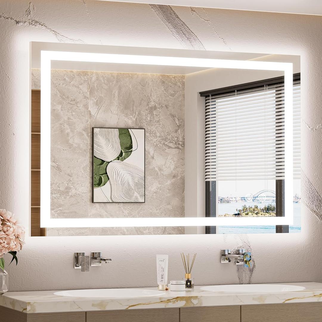 TETOTE LED Bathroom Mirror with Lights 40 x 24 Brighter Light up Mirror for Bathroom Vanity, Front and Backlit 3-Color Dimmable Illuminated Antifog Mirror Wall Mounted, Waterproof, Tempered Glass (24"L x 40"W)