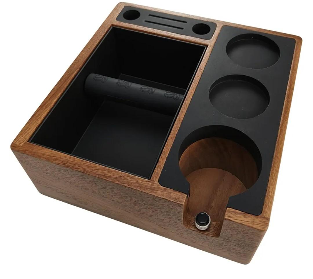 Walnut Espresso Knock Box and Tamping Station, Coffee Organizer Box Fit for 58mm Espresso Tamper Distributor Portafilter Holder & Puck Screen Multi Accessory Storage