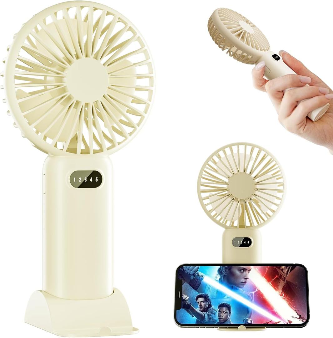 Portable Fan, Handheld Fan with LED Display, Personal Fan for 15 Hours Cooling, Small Fan with Powerful Airflow, Rechargeable Travel Fan for Outdoor Camping, Mini Fan with Phone Holder