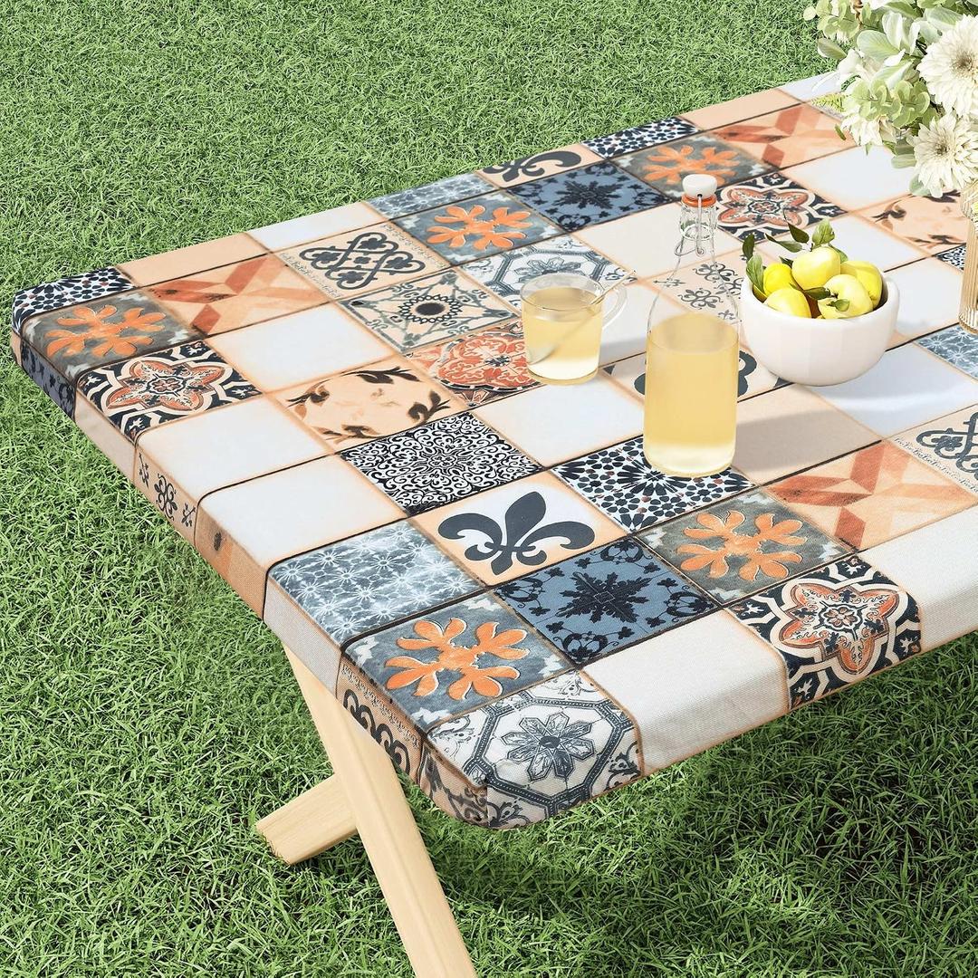 misaya Rectangle Vinyl Tablecloth, Fitted Table Cover, Waterproof, Elastic Edge, Flannel Backing, Plastic Tablecloth Fit 6 Foot Folding Tables for Camping, Picnic, Outdoor (Floor Tiles, 30x72 inch)
