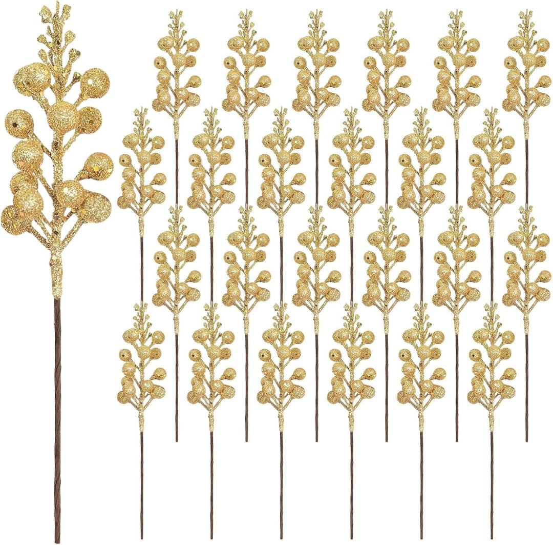 24 Pack 9 Inches Glitter Artificial Berry Stems, 15 Berries per Stem, Christmas Tree Picks Ornaments, DIY Xmas Wreath, Floral Arrangements Home Dcor, Winter Wonderland Decoration