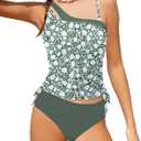AGAPENG Girls Swimsuit Two Piece One Shoulder Tankini Floral Print Drawstring Swimwear Set 13- 14 Y Green Floral Print