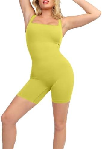 Popilush Shapewear Jumpsuits for Women Built-in Bra Square Neck Rompers Shorts Bodycon Bodysuits Summer Outfits, L