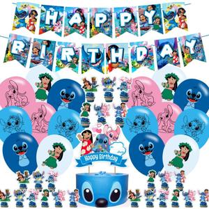 2 x Stittch Party Supplies,Cartoon Stittch and Angel Birthday Party Decorations Banner,Cake Toppers,Balloons for Cartoon party Decoration