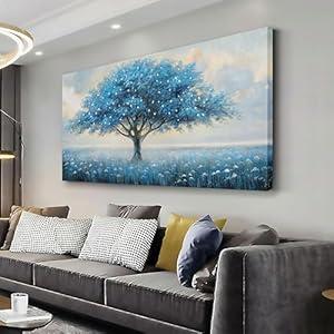 Glvzygy Blue Tree of Life Wall Art Abstract Modern Artwork Canvas Painting Textured Tree Pictures Wall Decor Home Decor Wall Ready to Hang for Bedroom Living Room Size 29"x58"