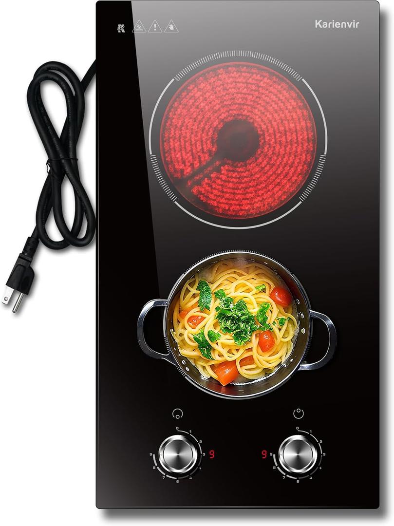 2 Burner Electric Cooktop, 110v Electric Stove with Plug, 12 Inch Countertop & Built-In Portable Electric Stove, 9 Levels of Power, 2000W, Knob Controls, Residual Heat Warnings, Karienvir