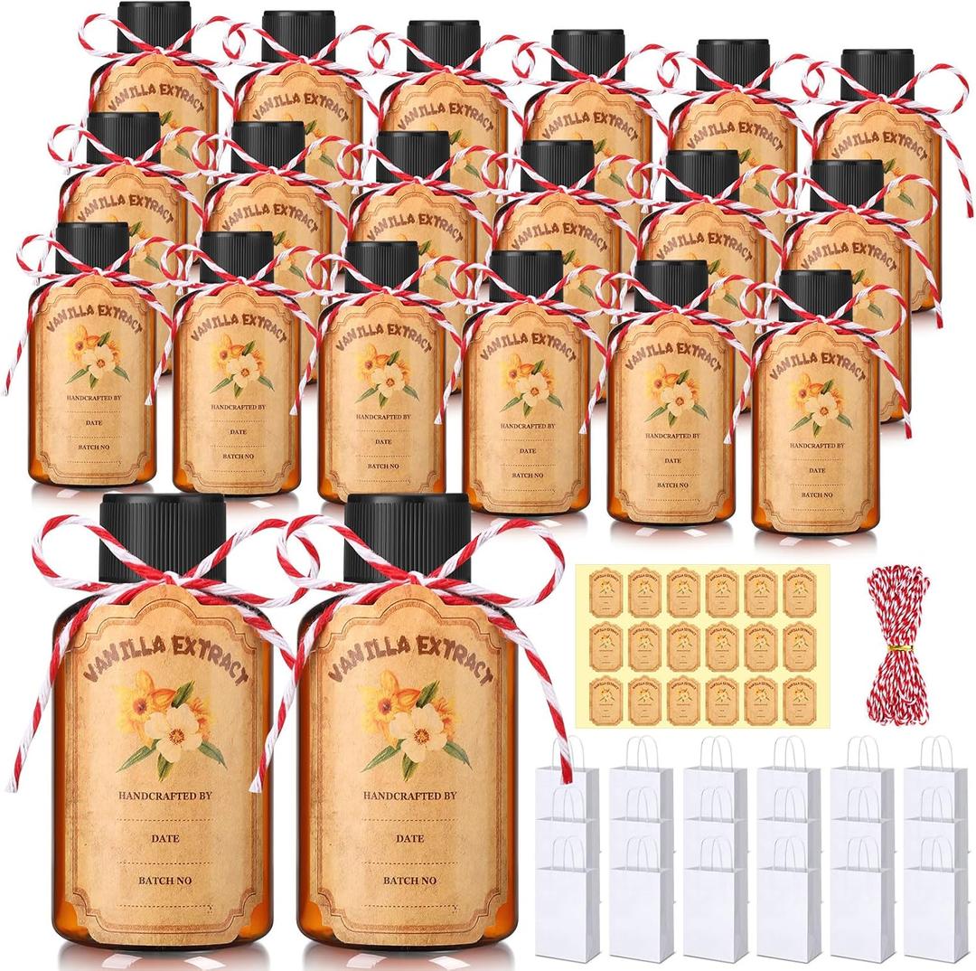 LemonRoad 18 Pack 2 oz Vanilla Extract Bottles with Lids Homemade Gift Amber Bottles Plastic Brown Jars Leakproof Refillable Empty Containers for Vanilla Extract, Potion, Juice, Ginger Shots, Liquids