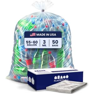 Plasticplace Contractor Trash Bags 55-60 Gallon, Heavy Duty Garbage Bags, 3.0 Mil Clear Trash Bags, Tear-Resistant Large Trash Can Liners for Construction, Recycling & Home Improvement (50 Count)