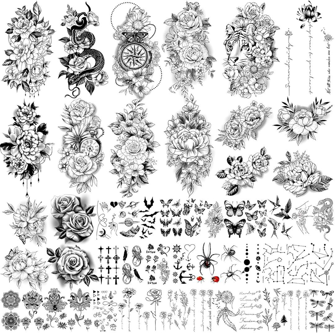 Yazhiji 49 Sheets Large Sexy Flowers Collection Waterproof Temporary Tattoos Lasting Fake Tattoos For Women and Girls