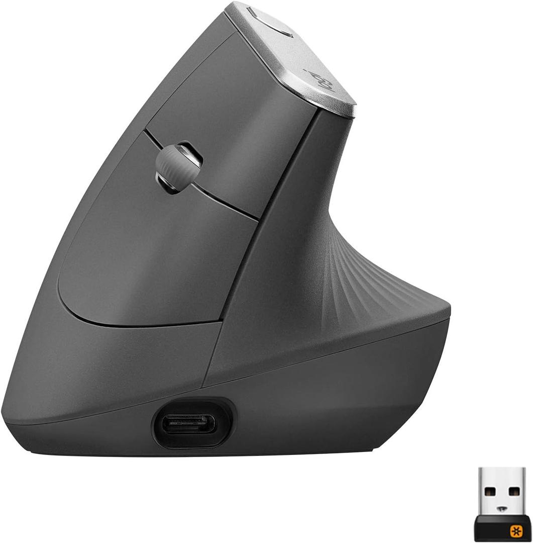 Logitech MX Vertical Wireless Mouse Ergonomic Design Reduces Muscle Strain, Move Content Between 3 Windows and Apple Computers, Rechargeable, Graphite