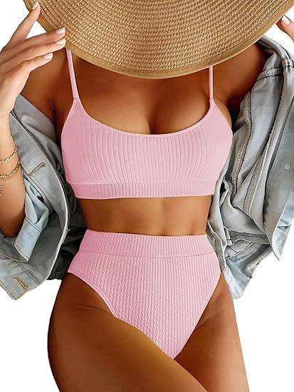 Women High Waisted Tummy Control Spaghetti Straps Ribbed Bikini Crop Top Brazilian Swimsuit Set 2 Piece Size S