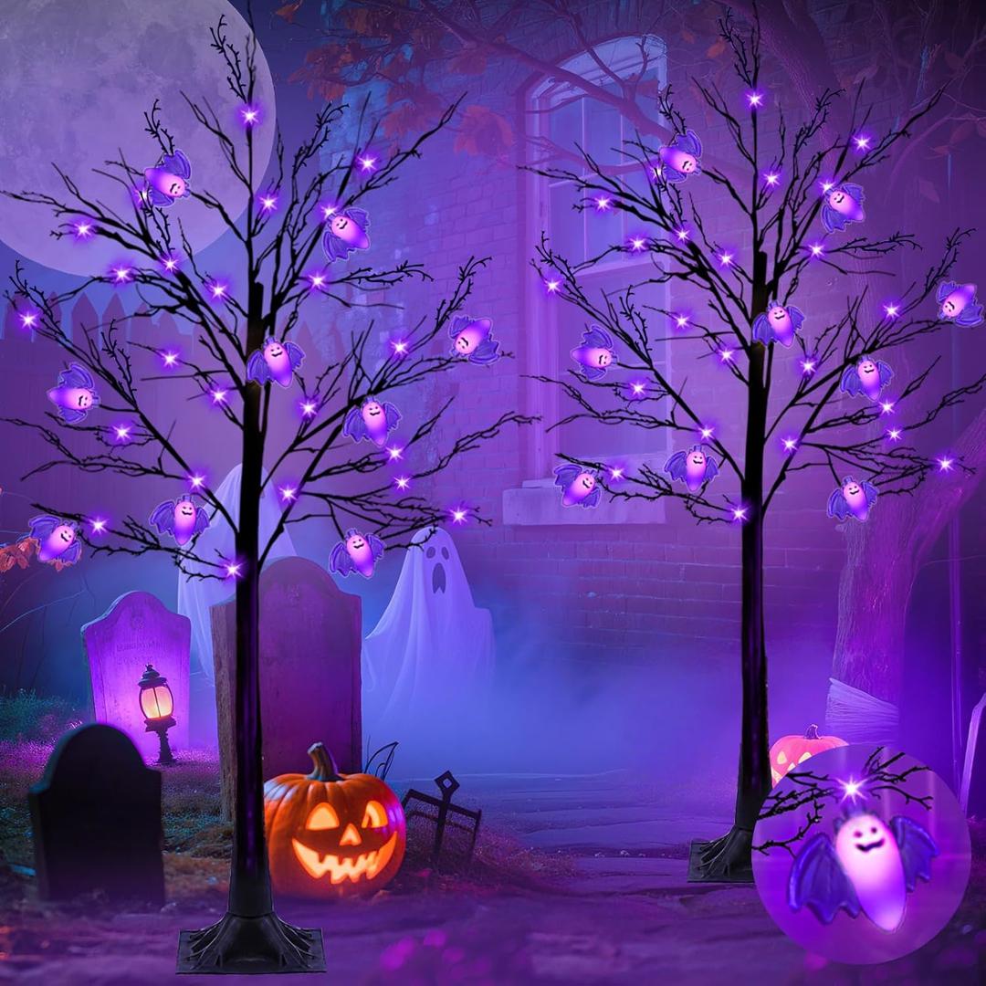 2 Pack & Timer - 5 Ft Tall Prelit Halloween Tree with 128 LED and 32 Purple Bats Black Spooky Tree Halloween Decorations Outdoor Indoor Home Yard Gardens Party Decor (Adapter/8 Ground Stake)