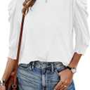 Tankaneo Womens 3/4 Length Sleeve Tops Dressy Casual Blouse Puff Sleeve Cute Trendy T Shirts with Smocked Cuffs (White, L)