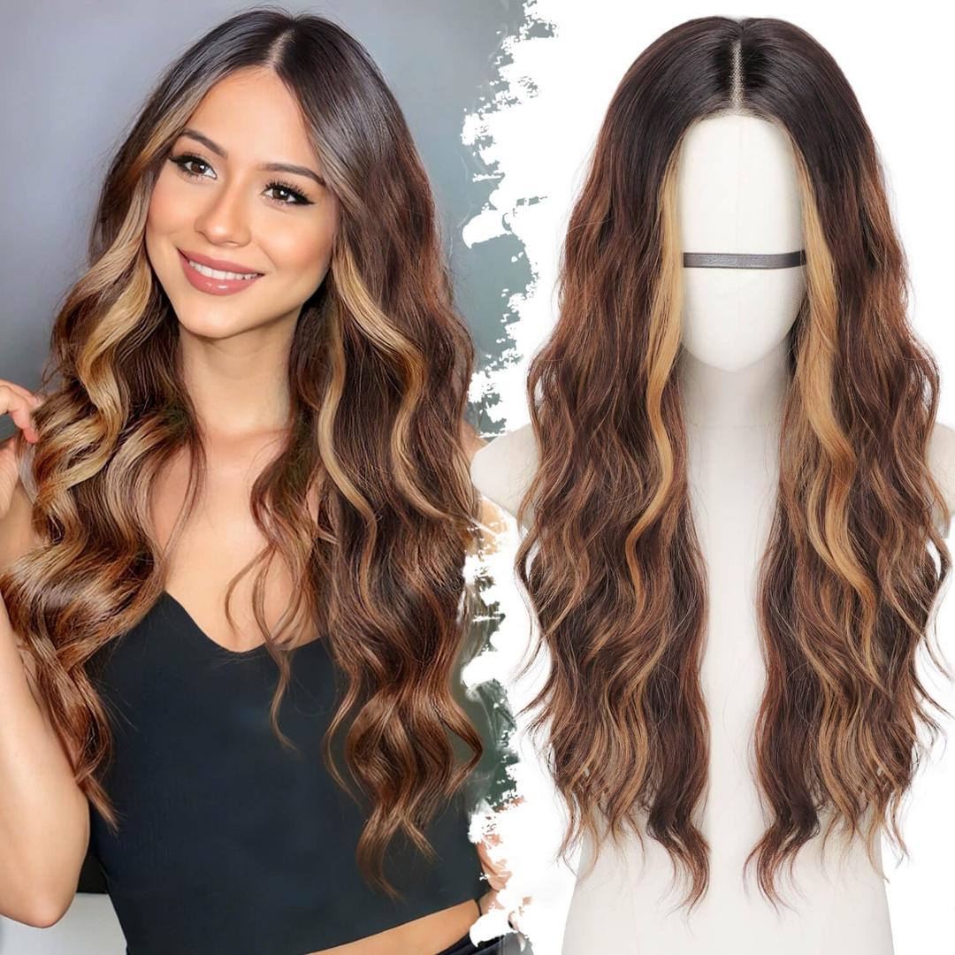 Brown Highlight Long Wavy Wig for Women, Pre-Cut HD Lace Natural Hairline, Glueless Middle Part, Synthetic Fiber for Daily and Party Use 26Inch