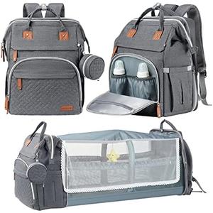 DERJUNSTAR Baby Diaper Bag Backpack with ChangingStation-Large Capacity Baby Bag for Boys & Girls, USBCharging Port, Pacifier Case, sunshade & Toy Bar,Waterproof， Pale Grey