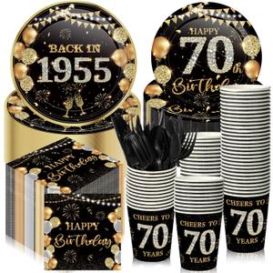 240 Pcs 70th Birthday Decorations Birthday Party Tableware Include Plates Napkins 9oz Cups Cutlery Anniversary Dinnerware Party Supplies for Men Women Him Her, Serve 30 Guests (Black Gold)
