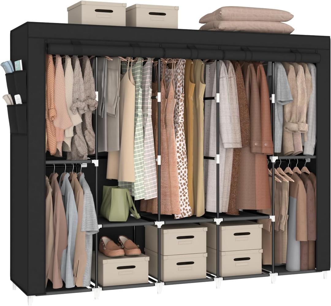 83“ Portable Closet Wardrobe, 7 Hanging Rods 10 Shelves & Cover, Black, 83"W x 18"D x 66"H