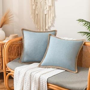 NordECO HOME Set of 2 Farmhouse Throw Pillow Covers - Burlap Linen Trimmed Tailored Edges Decorative Cushion Covers for Bed Home Decoration, 18 x 18, Blue